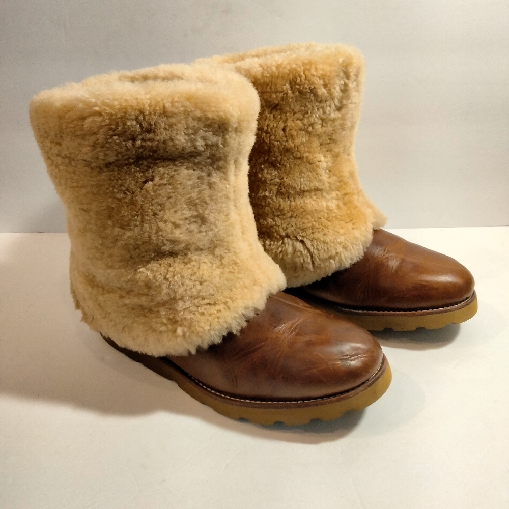 UGG Chestnut Brown Leather & Shearling Cuff Winter Boots